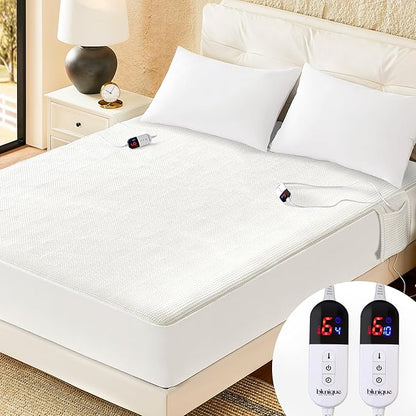 Electric Heated Mattress Pad King Size Dual Control Bed Warmer, Deep Pocket, Side Storage Pouch for Controller, Machine Washable, Waffle Jacquard, 78"x80", White