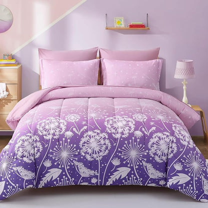 Menghomeus Girls Comforter Set Twin Size 5 Pieces Bed in A Bag Ombre Purple Pink Bedding Set Dandelion Butterfly Print Kids Bedding Collections