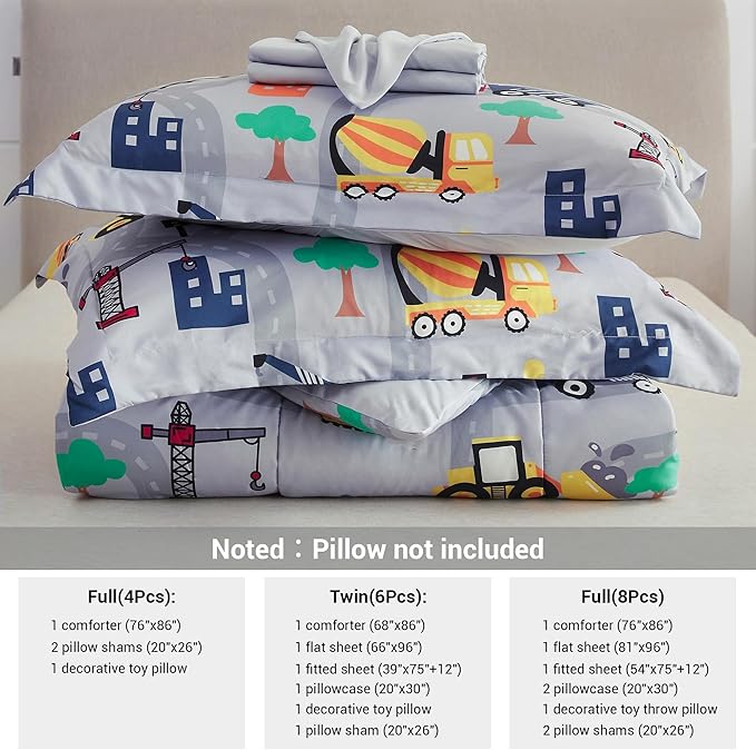 Mooreeke Kids Full Comforter Sets for Boys 8 Pieces Excavator Grey Bedding Set for Teens Soft Microfiber Kids Bed in A Bag with Comforter, Sheet Set, Shams and Decorative Toy Pillow All Season