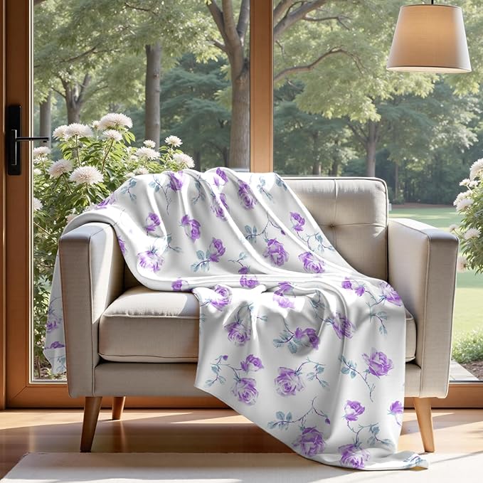 Floral Throw Blanket Birthday Gift for Women Mom Girls Purple Flowers Blanket Summer Wildflower Flannel Blanket Watercolor Printed Throw for Couch Sofa Bed Chair 50"x60"