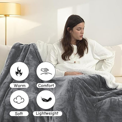 Electric Heated Blanket Throw 50"x60", Soft Flannel Sherpa Heating Throw with 4 Heat Settings, 3-Hour Auto Shut-Off Timer, Grey