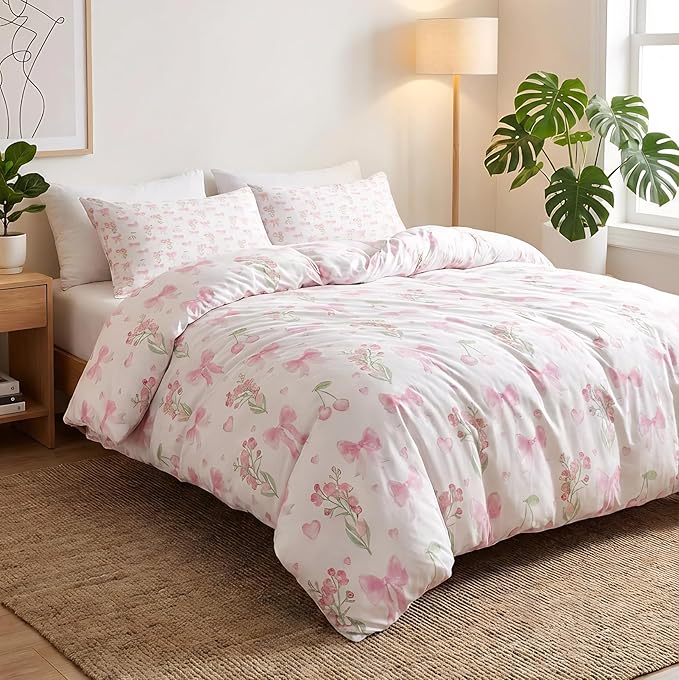Bow Duvet Cover Queen Size Pink Floral Coquette Bedding Set with Cherry Kids Boys Girls Cute Heart Bowknot Reversible Soft Microfiber Duvet Cover Set 3 Pieces with 2 Pillowcases