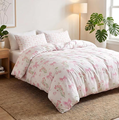 Bow Duvet Cover Queen Size Pink Floral Coquette Bedding Set with Cherry Kids Boys Girls Cute Heart Bowknot Reversible Soft Microfiber Duvet Cover Set 3 Pieces with 2 Pillowcases