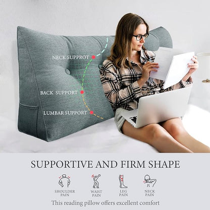 Headboard Pillow Wedge Full Size Large Bolster Pillow for Bed Triangle Reading Pillow Back Support Pillow for Sitting Up in Bed XXL Couch Daybed Bed Rest Backrest Cushion Linen Gray