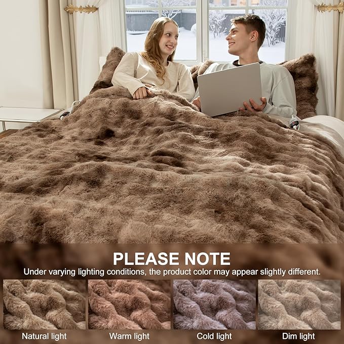 Faux Fur Queen Size Heated Blanket 84"X90" - Bubble Faux Fur Electric Blanket Fluffy Soft Fuzzy with 6 Heating Levels & 10 hrs Timer Settings, Washable & ETL Certified for Bed, Tie-Dye Brown