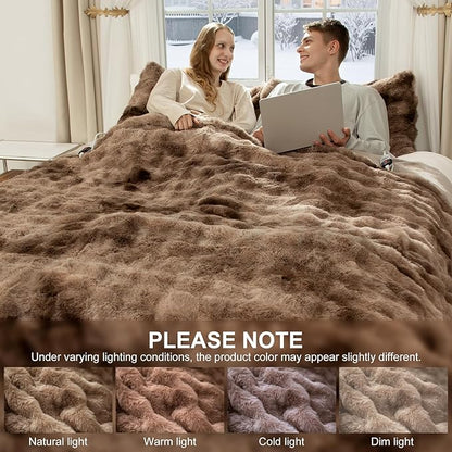 Faux Fur Queen Size Heated Blanket 84"X90" - Bubble Faux Fur Electric Blanket Fluffy Soft Fuzzy with 6 Heating Levels & 10 hrs Timer Settings, Washable & ETL Certified for Bed, Tie-Dye Brown