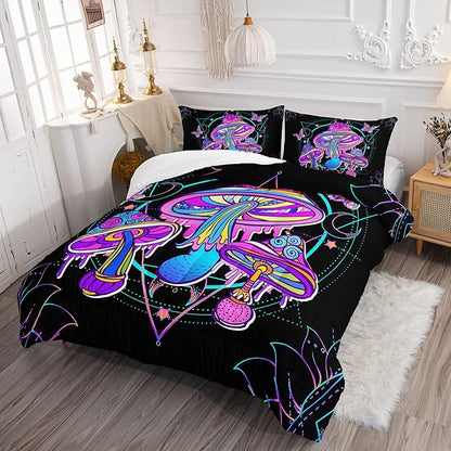 HOSIMA Mushroom Bedding Comforter Sets, Forest Fungi Plant Theme Cartoon Butterfly Mushroom Decor Toddler Comforter Set,Magic Hexagram Black Full Size Comforter Sets with 2 Pillowcases.