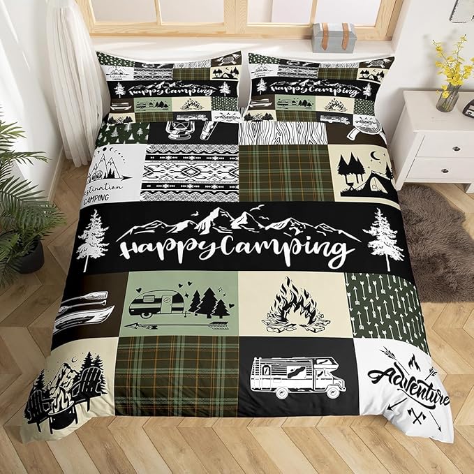 Camping Camper Duvet Cover Set Full Size,RV Inside Decor Rustic Patchwork Comforter Cover with 2 Pillowcases,Farmhouse Lodge Hunting Green Check Breathable Bedspread for Boys Teens