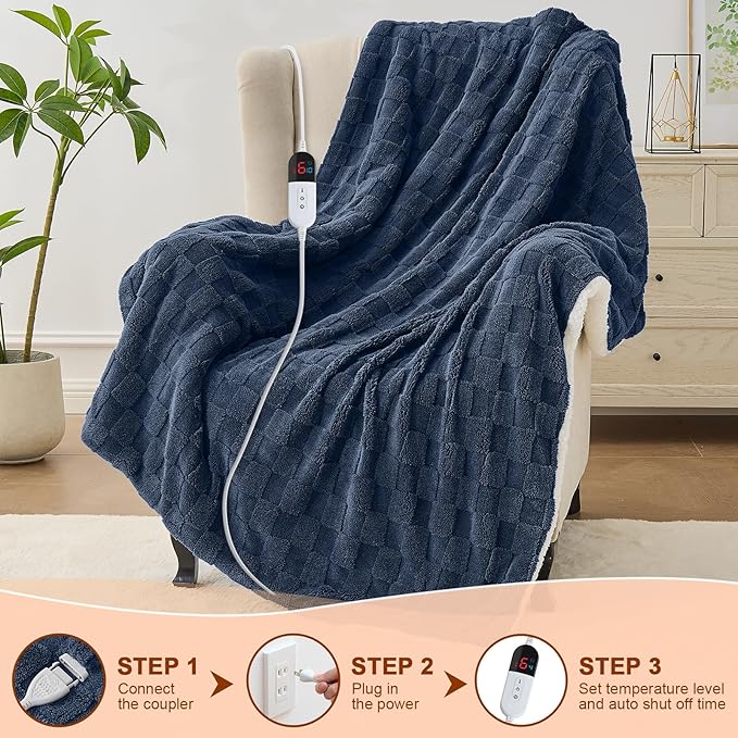 Electric Heated Blanket Twin Size - Jacquard Checkered Sherpa 62"x84" Fast Heating Bed Blankets with 6 Heating Levels & 10 Hours Auto Off, Over-Heat Protection ETL, Navy Blue