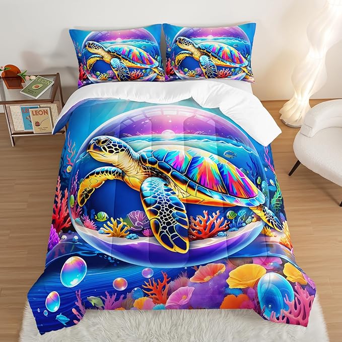 Sea Turtle Comforter Set Full Size,Colorful Underwater World Toddler Bed Comforter Set,Coastal Bedding for Kids Boys Girls Room Decor with 2 Pillowcases.