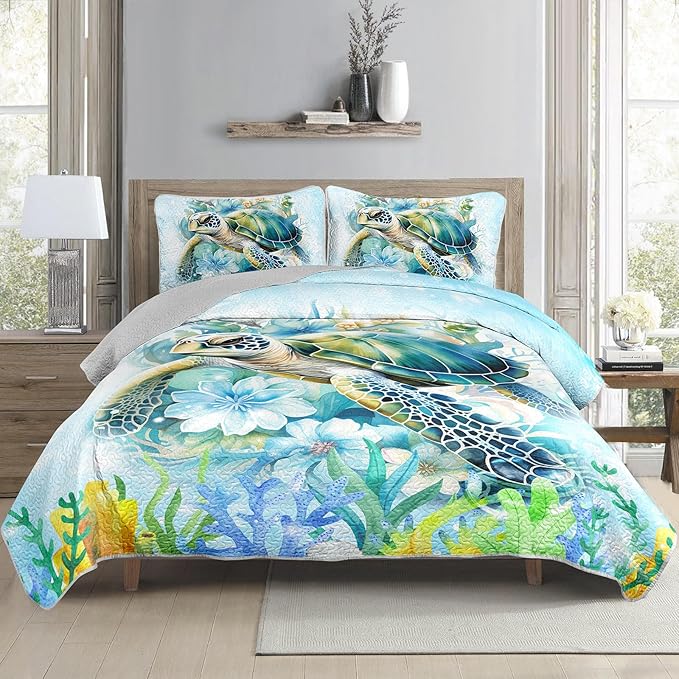 AILONEN Sea Turtle Quilt Set Full Size,Blue Green Flower Bedspread Coverlet,Ocean Theme Bedding Set Printed with 2 Pillowcases,Soft Microfiber Bed Cover