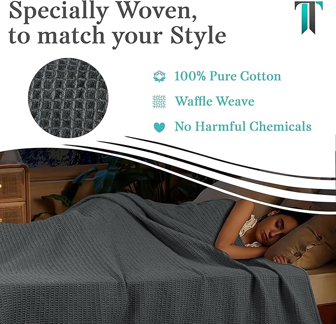 Tex Trend 100% Cotton Blankets King Size – Durable and Versatile Waffle Weave Blankets for Christmas & Year Round Coziness – Breathable & Lightweight - Grey (90”x108”)