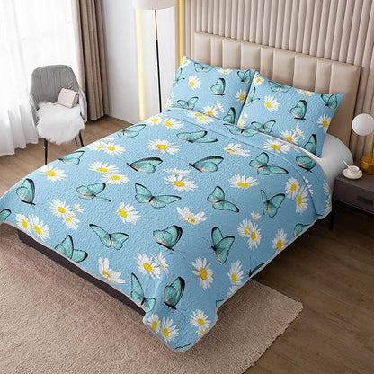 QOOMO Butterfly Quilt Set King Size,Daisy Bedspread Coverlet Set,Butterflies 3Pcs Bedding Set Printed Quilt with 2 Pillowcases,Soft and Lightweight,for All Seasons