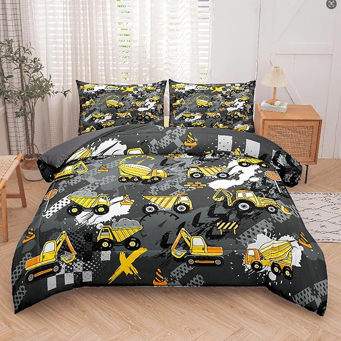Peopleareok Construction Truck Kids Comforter Set for Boys Twin (68x86 Inch), 2 Pieces Construction Excavator Truck Bedding Sets for Toddler Children, Super Soft Microfiber Comforter with 1 Pillowcase