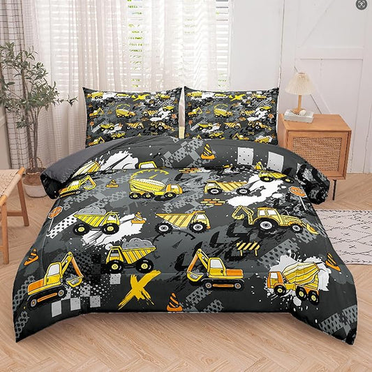 Peopleareok Construction Truck Kids Comforter Set for Boys Twin (68x86 Inch), 2 Pieces Construction Excavator Truck Bedding Sets for Toddler Children, Super Soft Microfiber Comforter with 1 Pillowcase