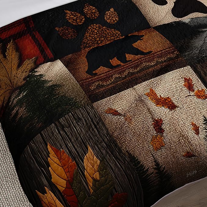 QOOMO Woodland Quilt Set Twin Size,Bear Leaves Bedspread Coverlet Set,Bear Leaves 3Pcs Bedding Set Printed Quilt with 2 Pillowcases,Soft and Lightweight,for All Seasons