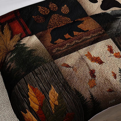 QOOMO Woodland Quilt Set King Size,Bear Leaves Bedspread Coverlet Set,Bear Leaves 3Pcs Bedding Set Printed Quilt with 2 Pillowcases,Soft and Lightweight,for All Seasons