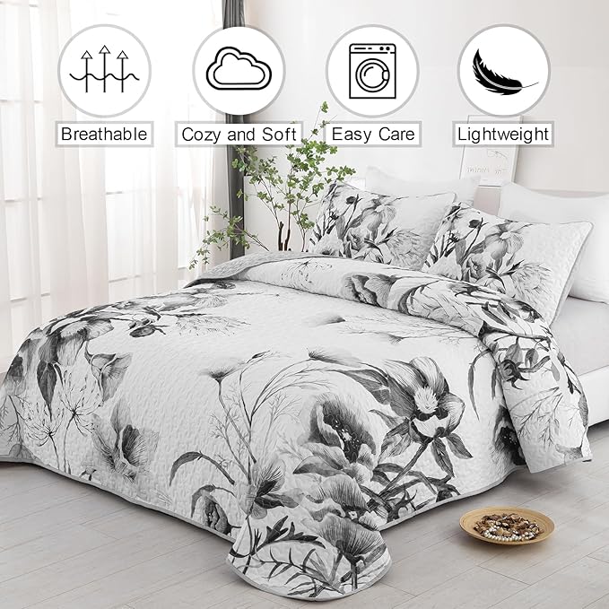 Floral Quilt Set Queen 3 Pieces Grey Floral Quilt Coverlet Set Soft Microfiber Lightweight White Quilted Bedspread for All Season 90"x96"
