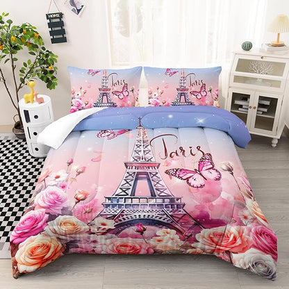 Paris Eiffel Tower Comforter 3Pcs Butterfly Bedding Full Tie-Dyed Rose Star Bedding Set for Kid Teen Girl Boy Adult Bed Decor Colorful Flora Quilt with 1 Comforter and 2 Pillowcases