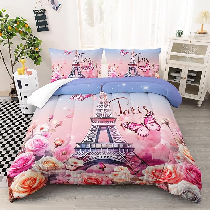 Paris Eiffel Tower Comforter 3Pcs Butterfly Bedding Queen Tie-Dyed Rose Star Bedding Set for Kid Teen Girl Boy Adult Bed Decor Colorful Flora Quilt with 1 Comforter and 2 Pillowcases