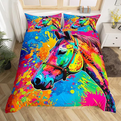 Castle Fairy Horse Duvet Cover Sets Full,Watercolor Graffiti Bedding Set 3pcs for Kids Girls Boys Room Decor,Bohemian Exotic Art Theme Comforter Cover Animals Quilt Cover with 2 Pillowcases