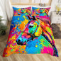 Castle Fairy Colorful Horse Duvet Cover Set Queen Size,Modern Abstract Graffiti Bedding Set 3pcs for Kids Girls Boys Room Decor,Boho Exotic Art Comforter Cover Wild Animals Quilt Cover,2 Pillowcases