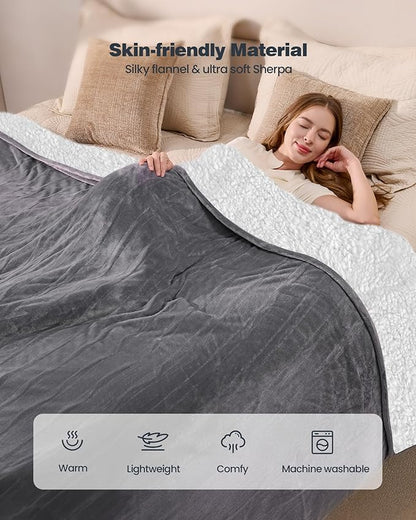 Electric Blanket King- Soft Heating Blanket, Dual Control & 9 Heat Levels, 10H Timer, Soft Flannel to Sherpa, Fast Heating Electric Throw, Machine Washable, Gift for Mom, Dad, 90"x100" Grey