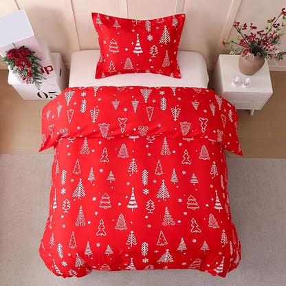 JSD Red Christmas Tree Kids Duvet Cover Set Twin Size, 2 Piece Xmas Comforter Cover with Pillow Sham Zipper Closure, Comforter Not Included