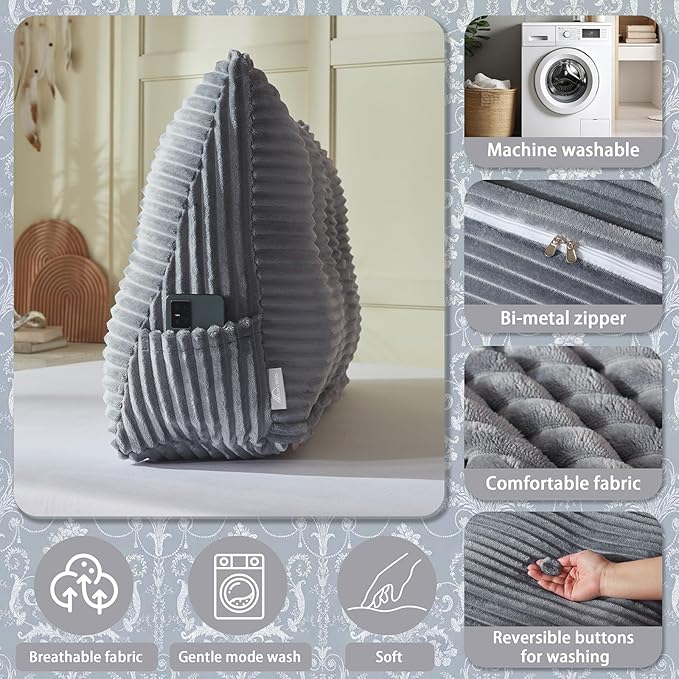 Headboard Wedge Pillow + A Long Neck Roll Pillow Body Pillow，Large Headboard Pillow with Removable Cover (Blue-Gray, Twin：39x8x20 inches)
