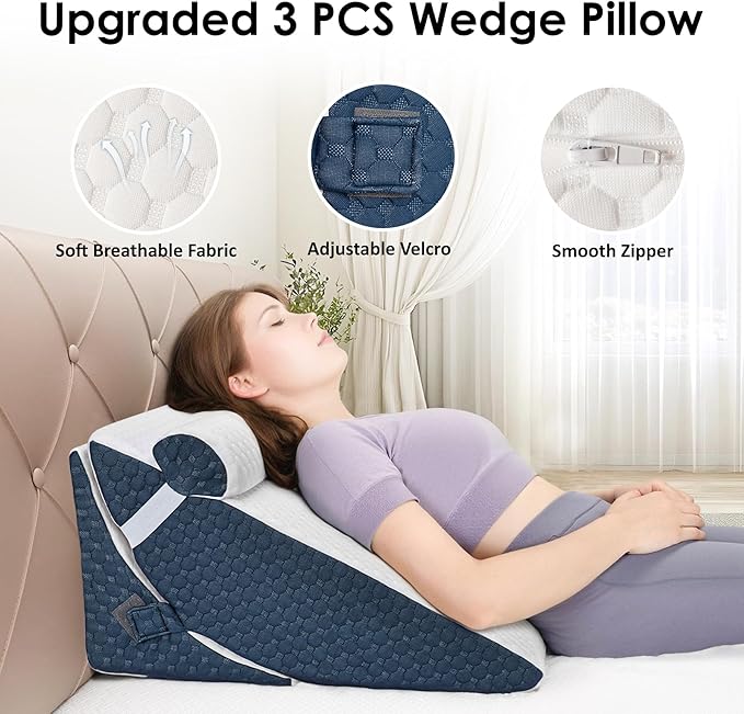 Bed Wedge Pillow for Sleeping, 3PCS Wedge Pillow Set for After Surgery, Adjustable 7 &12 inch Pillow Wedges for Acid Reflux Relief, Back Pain Relief, Sleep Apnea, Sitting Up, Headboard (Blue/White)