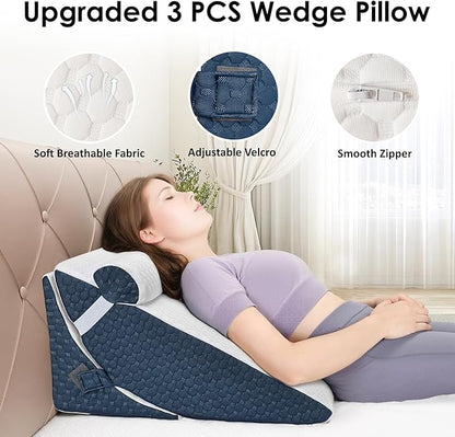 Bed Wedge Pillow for Sleeping, 3PCS Wedge Pillow Set for After Surgery, Adjustable 7 &12 inch Pillow Wedges for Acid Reflux Relief, Back Pain Relief, Sleep Apnea, Sitting Up, Headboard (Blue/White)