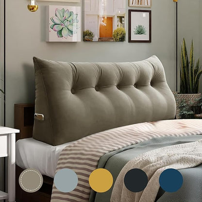 WOWMAX 100% Cotton Velvet Headboard Pillow – Queen Size Wedge Back Support Reading Bolster for Bed & Daybed, Handmade Firm Support Cushion with Removable Cover, Soft Luxury Bed Rest Pillow, Beige Gray