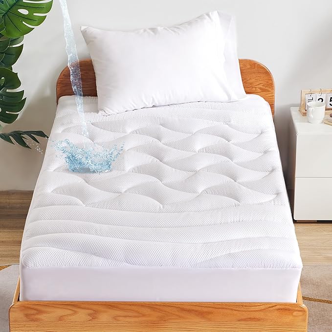SLEEP ZONE Twin XL Waterproof Mattress Pad for College Dorm Room, Thick Mattress Pad, Breathable and Noiseless (White, Twin XL)