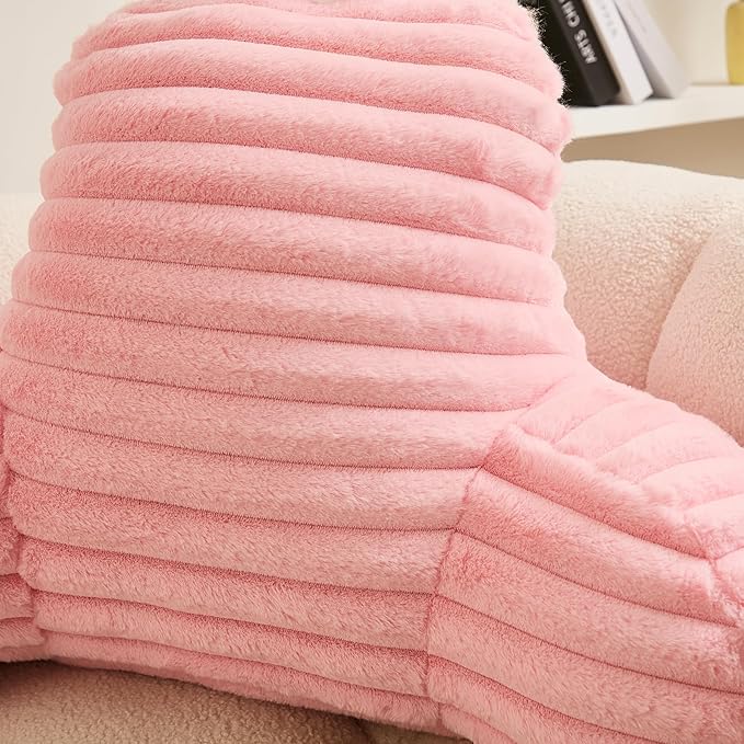 WERDIM Reading Pillow for Sitting in Bed, Faux Fur Back Pillow for Rest, Bed Chair Pillow with Arms and Pockets(XLarge, Pink)