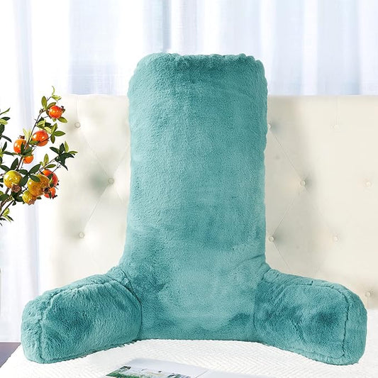 Faux Fur Assembly Need DIY Extra Large Backrest Reading Bed Rest Pillow with Arms and Pockets for Sitting in Bed Couch Sofa, Removable Cover & Filling Seprated, 28" x 30" x17", Aqua Blue