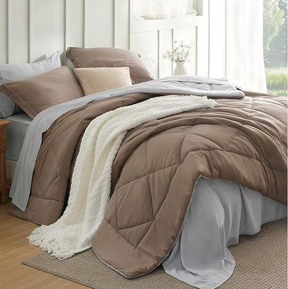Bedsure Full Size Comforter Set - 7 Pieces Reversible Brown Bedding, Full Size Bed Set for All Seasons, Bed in a Bag with Down Alternative Comforter, Sheets, Pillowcases & Shams