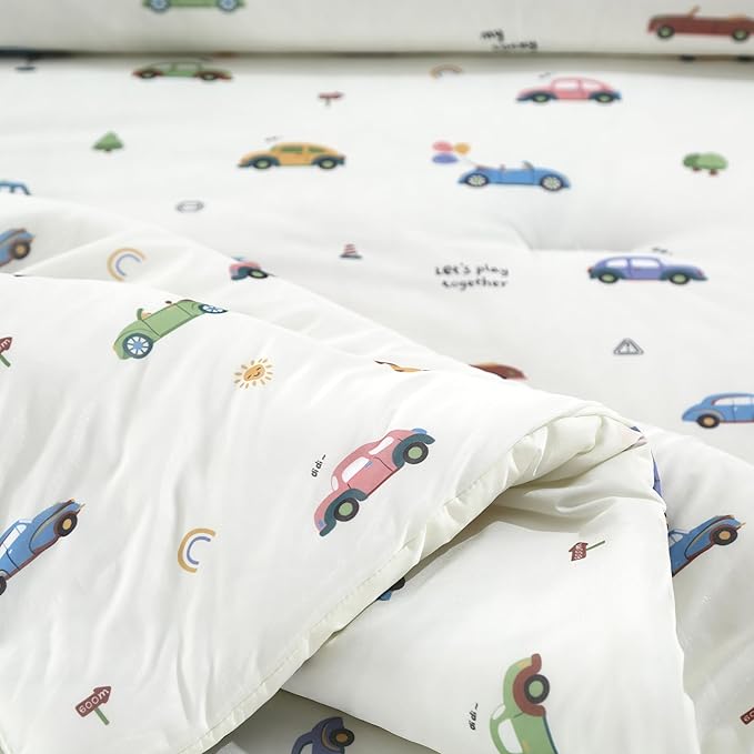 SDIII Cute Cars Comforter Twin Set 3 Pieces, Silky Breathable Microfiber and Spandex, Cartoon Cars Twin Bedding Set for Boys Girls Kids and Teens