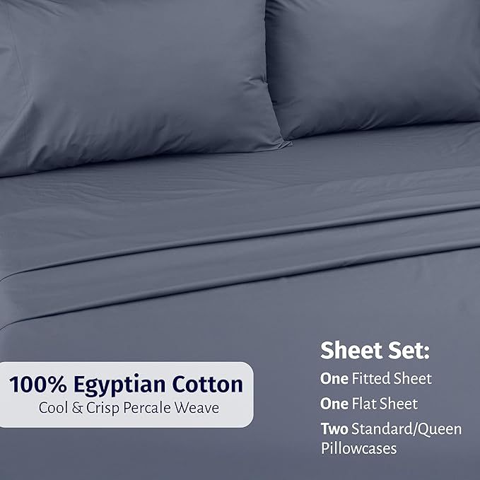 California Design Den Bed Sheets Full Size Set - Certified 100% Egyptian Cotton Percale Sheets Full Size with Deep Pockets, Lightweight, Crisp and Durable Luxury Bedding Set - Mineral Blue