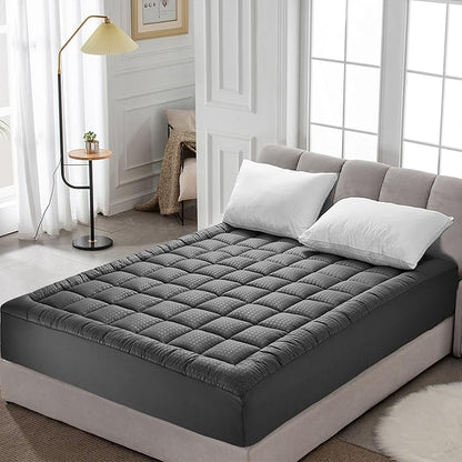 HYLEORY Queen Mattress Pad Quilted Fitted Mattress Protector Cooling Pillow Top Mattress Cover Breathable Fluffy Soft Mattress Topper with 8-21" Deep Pocket, Dark Grey