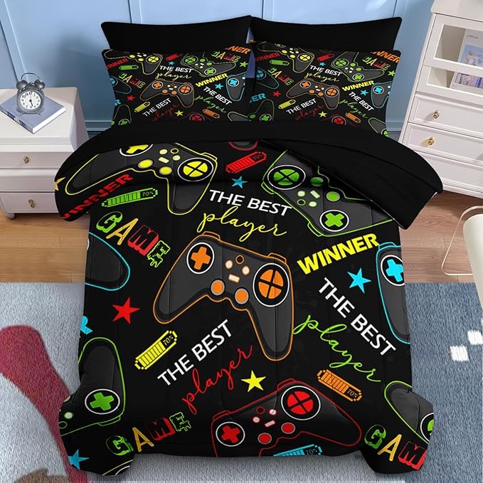 Nesker 7 Pcs Comforter Set Full Size, Colorful Bedding for Kids Teen, Game Gamepad Gaming with Fitted Sheet 2 Pillowcases & 2 Shams for Bedroom Bed Decor