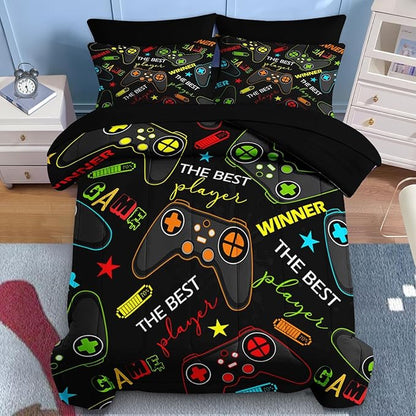 Nesker 7 Pcs Comforter Set Full Size, Colorful Bedding for Kids Teen, Game Gamepad Gaming with Fitted Sheet 2 Pillowcases & 2 Shams for Bedroom Bed Decor