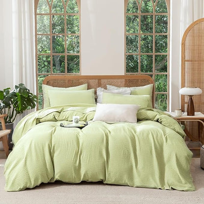 King Size Duvet Cover, Luxury Brushed Microfiber Double-Layer Crinkle Gauze Sage Green Duvet Cover, 3 Pieces Bedding for All-Season, Soft Breathable with Zipper Closure (No Comforter)