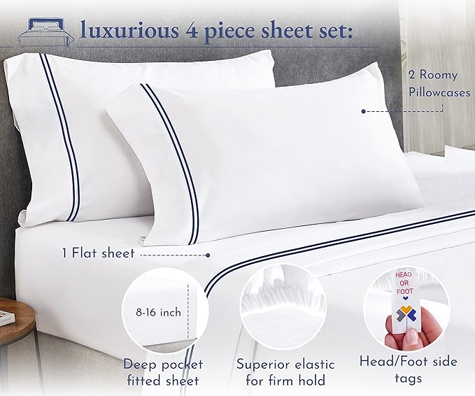 California Design Den Queen Size Sheet Set - 100% Cotton, 600 Thread Count, Deep Pocket Queen Sheets, Premium-Feel Bedding with Sateen Weave - White Embroidered Navy