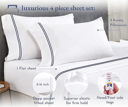 California Design Den Queen Size Sheet Set - 100% Cotton, 600 Thread Count, Deep Pocket Queen Sheets, Premium-Feel Bedding with Sateen Weave - White Embroidered Navy