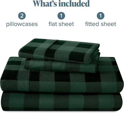 Bare Home Flannel Sheet Set Prints, 100% Cotton, Velvety Soft Heavyweight - Double Brushed Flannel - Deep Pocket (Full, Buffalo Plaid - Forest Green/Black)