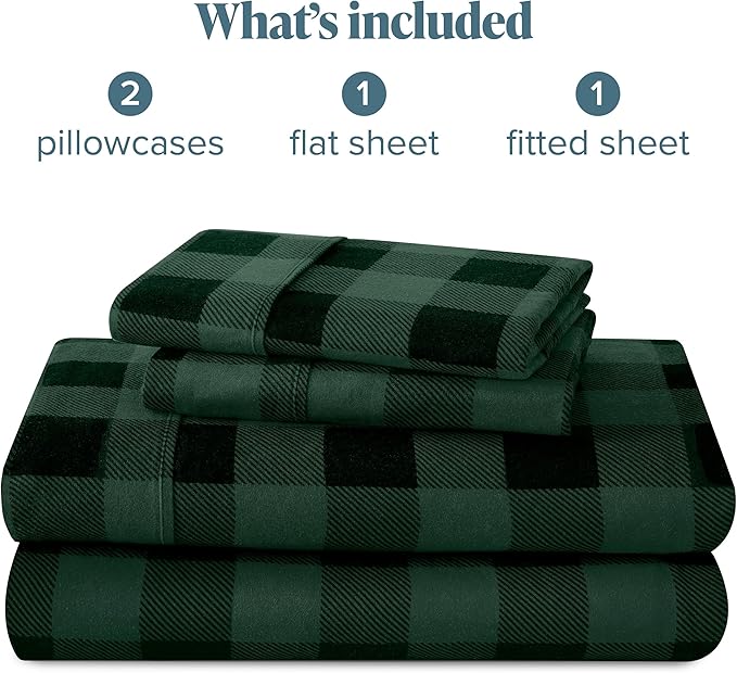 Bare Home Flannel Sheet Set Prints, 100% Cotton, Velvety Soft Heavyweight - Double Brushed Flannel - Deep Pocket (Queen, Buffalo Plaid - Forest Green/Black)