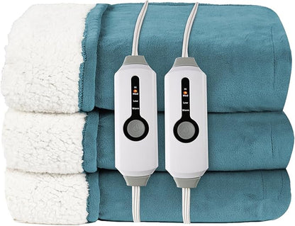 Electric Heated Blanket Queen Size 84"x90" - Coral Fleece & Sherpa Fabric Dual-Sided, 4 Heat Settings & 10 Hours Auto Off, Soft Warming Throw for Home, Office, or Bed, Machine Washable, Lake Green