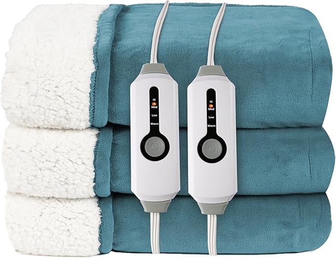 LUXIAN Electric Heated Blanket King Size 90"x100" -Microplush & Sherpa Fabric Dual-Sided, 4 Heat Settings & 10 Hours Auto Off, Machine Washable, Lake Green