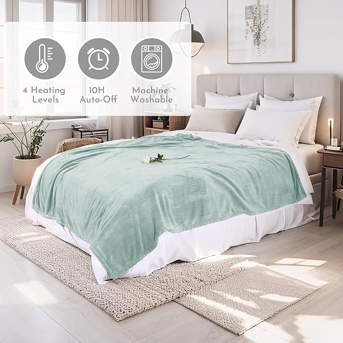 Electric Heated Blanket 90"x100" King Size Microplush Cover Blanket, 4 Heat Settings & 10 Hours Auto Off, Cozy & Warm for All Night, Machine Washable,Spring Green