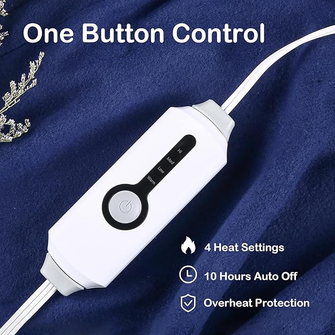 Electric Heated Blanket Full Size 72"x84", 4 Heating Levels & 10H Auto Shut Off, Soft Fleece Overheating Protection, Machine Washable, Dark Blue